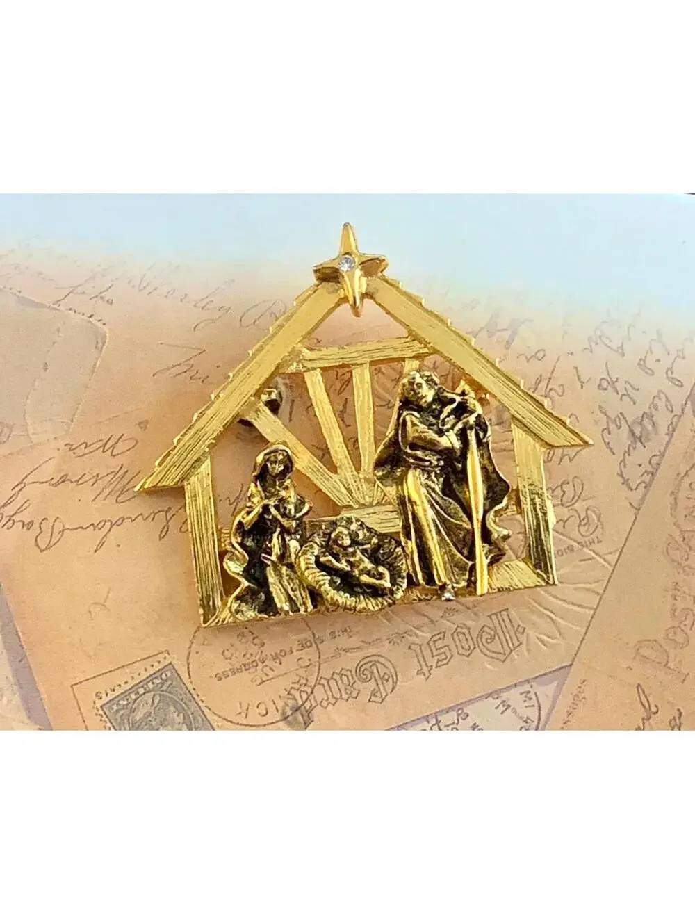 Vintage Nativity Brooch | Holy Family Christmas Pin with Rhinestone Star
